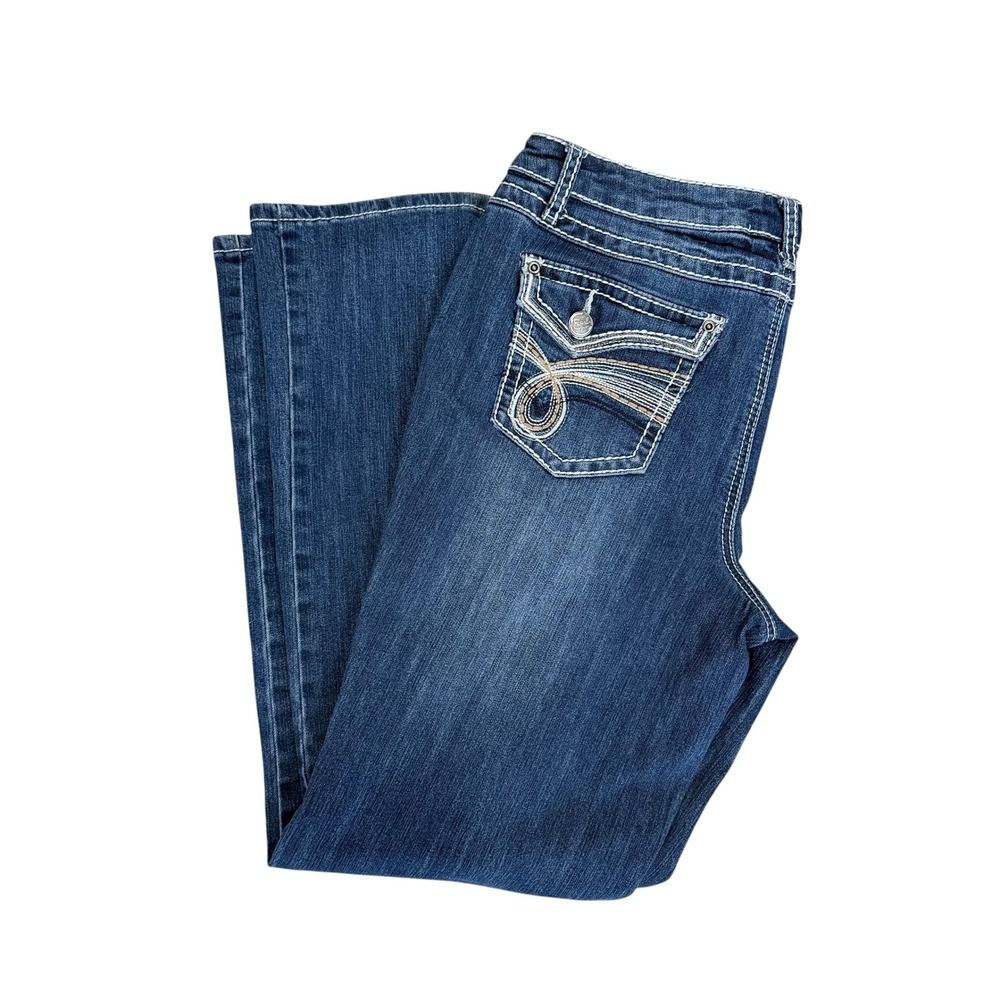 Earl Jean Y2K 12 Dark Wash Straight Leg Embroidered Flap Pocket Stretch Jeans